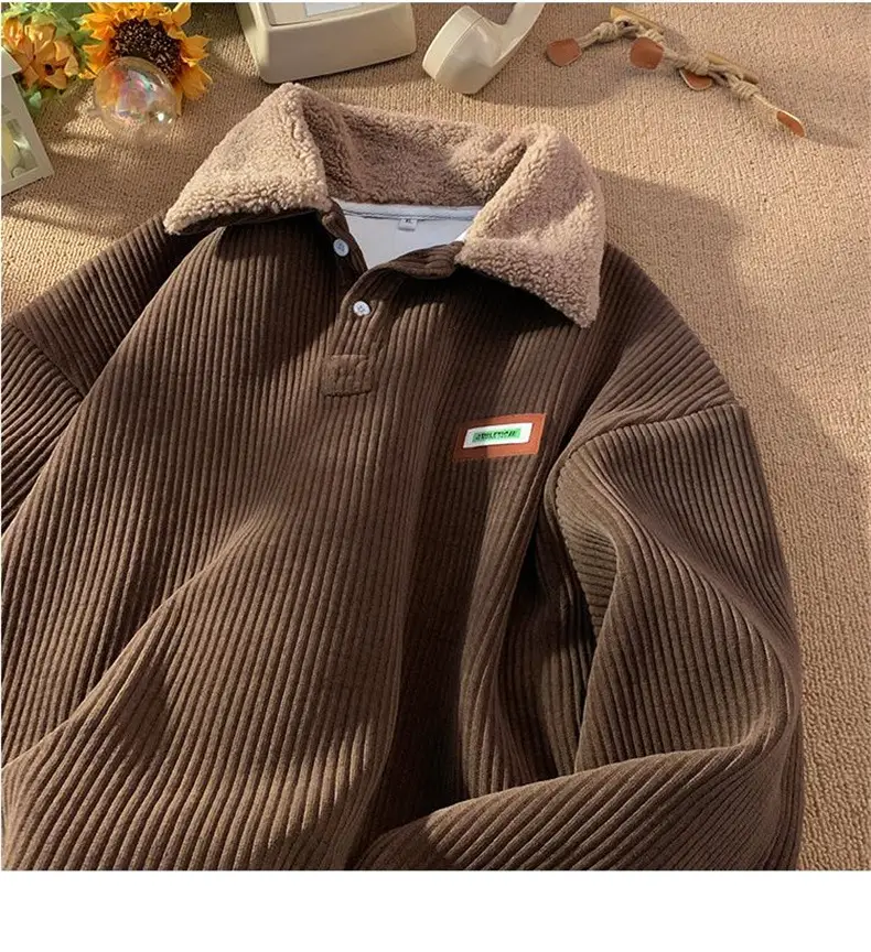 Men's Velvet Polo Collar Sweater Winter Jacket Brown — feature 5