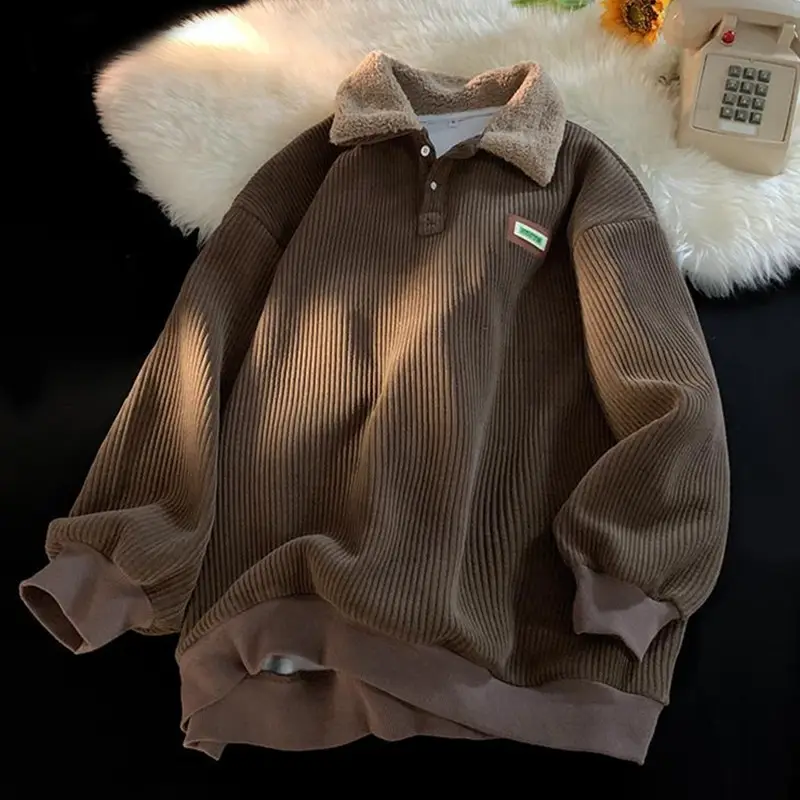 Men's Velvet Polo Collar Sweater Winter Jacket Brown - Image 2