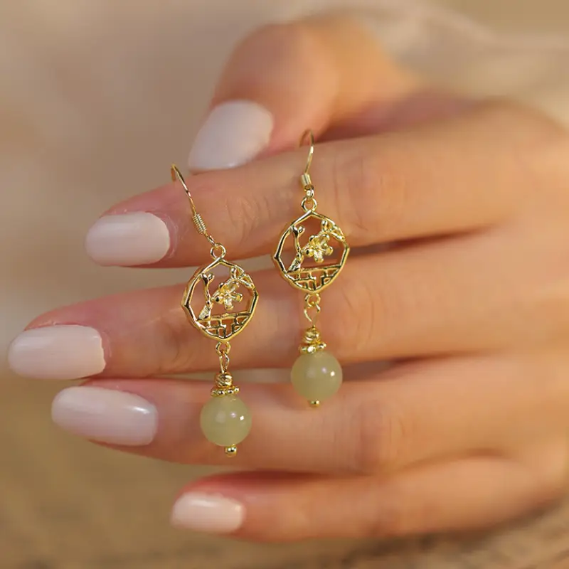Plum Blossom Earrings 925 Silver Needle Hetian Jade Ear Hook Niche Design Retro Style Ear Stud Earrings