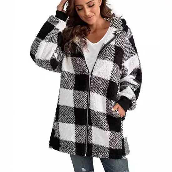 Plush Plaid Hooded Coat for Women Green Black 2022 - Image 6