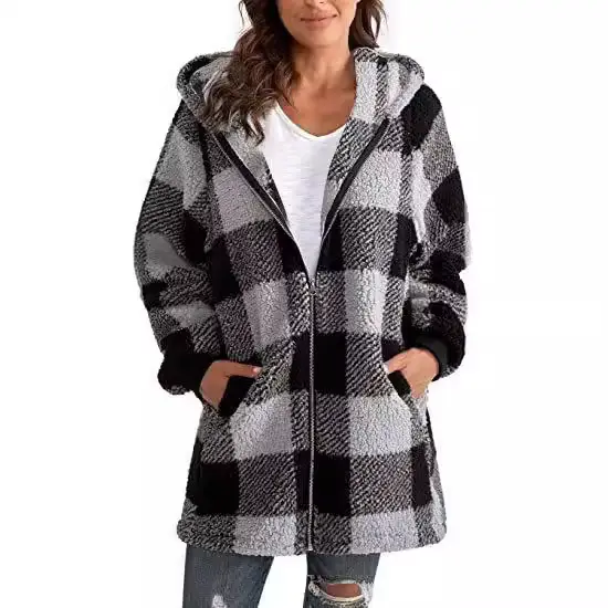 Plush Plaid Hooded Coat for Women Green Black 2022 - Image 7