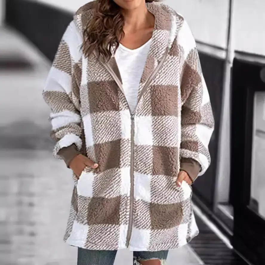 Plush Plaid Hooded Coat for Women Green Black 2022 - Image 8