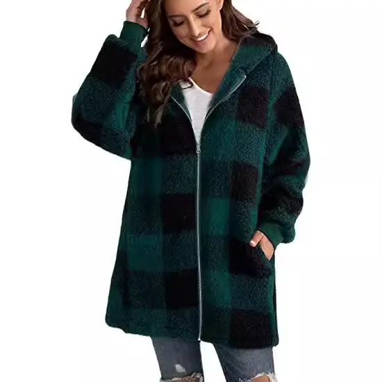 Plush Plaid Hooded Coat for Women Green Black 2022 - Image 9