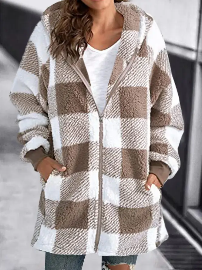 Plush Plaid Hooded Coat for Women Green Black 2022 - Image 2