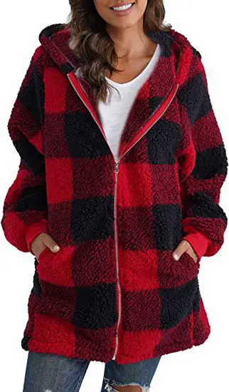 Plush Plaid Hooded Coat for Women Green Black 2022 - Image 3