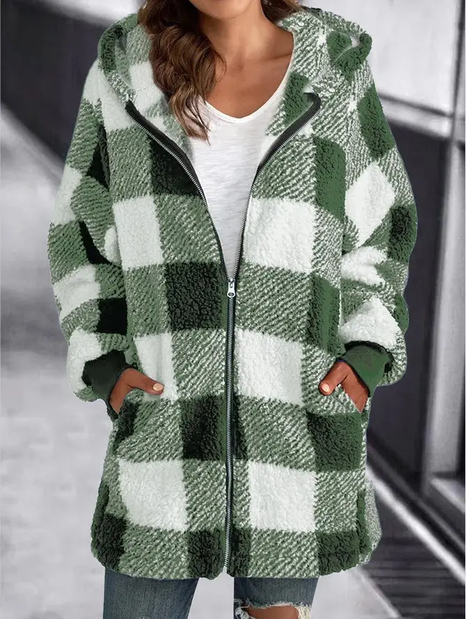 Plush Plaid Hooded Coat for Women Green Black 2022 - Image 4