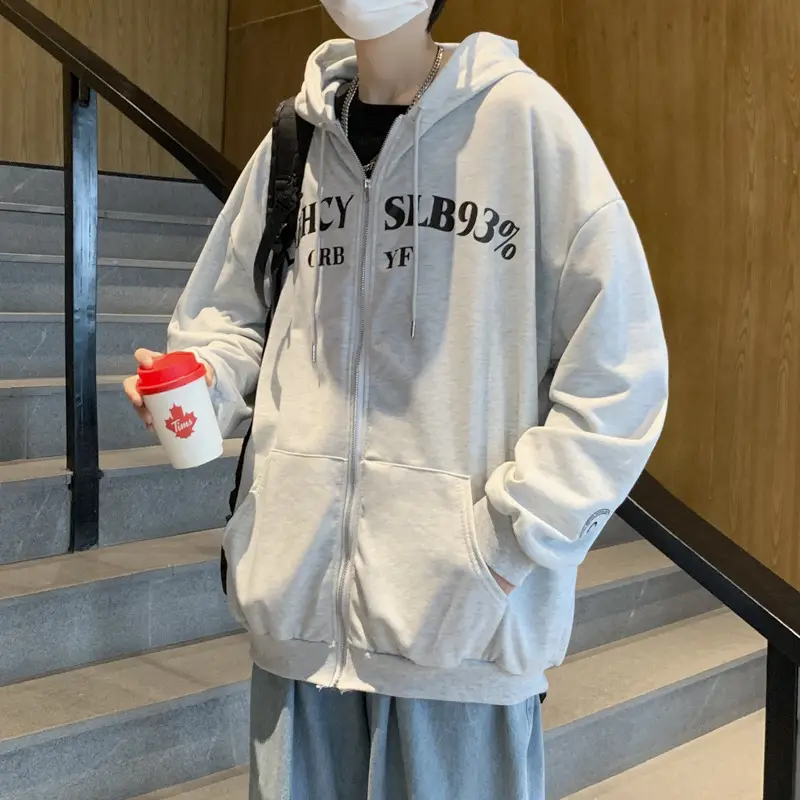 Men Grey Hooded Zipper Sweatshirt Spring Autumn 2025 - Image 4