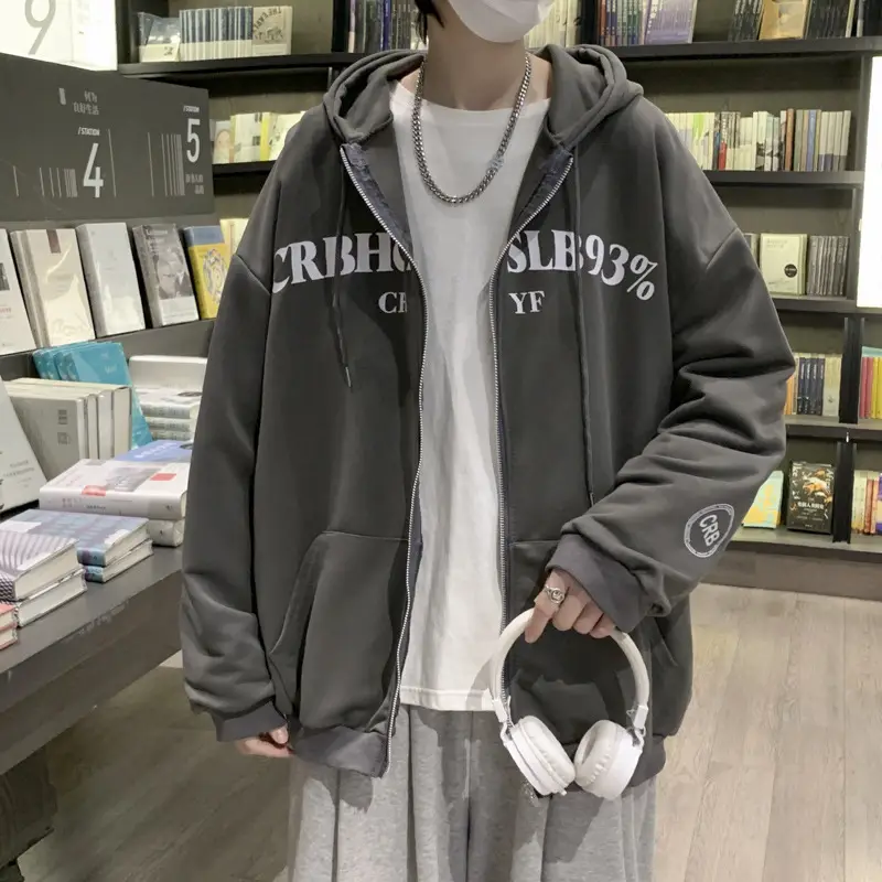 Men Grey Hooded Zipper Sweatshirt Spring Autumn 2025 - Image 5