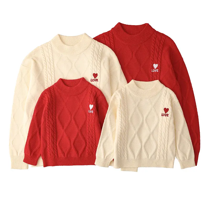 Red Cable-Webbed Sweater for Family of Three - Image 5