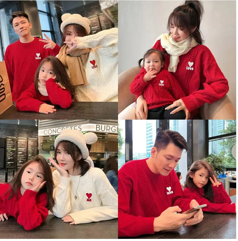 Red Cable-Webbed Sweater for Family of Three — feature 1