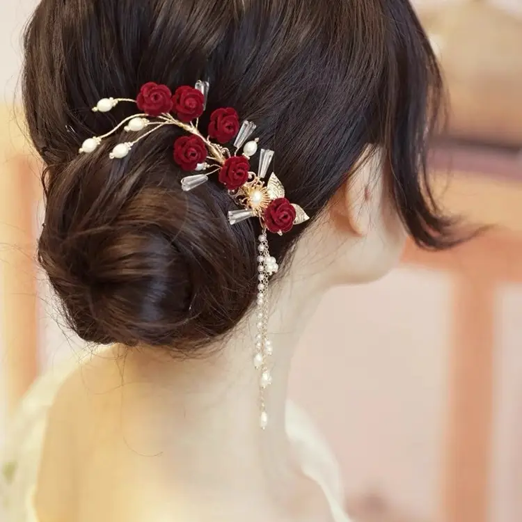 Red Rose Tassel Hairpin for Women Classical Cheongsam - Image 11