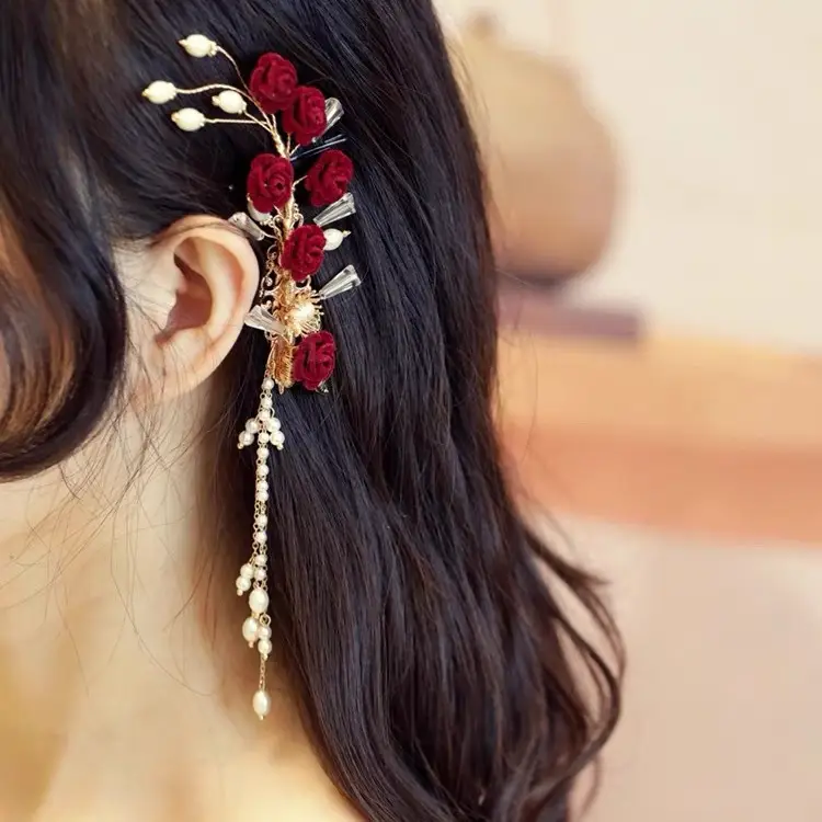 Red Rose Tassel Hairpin for Women Classical Cheongsam - Image 12