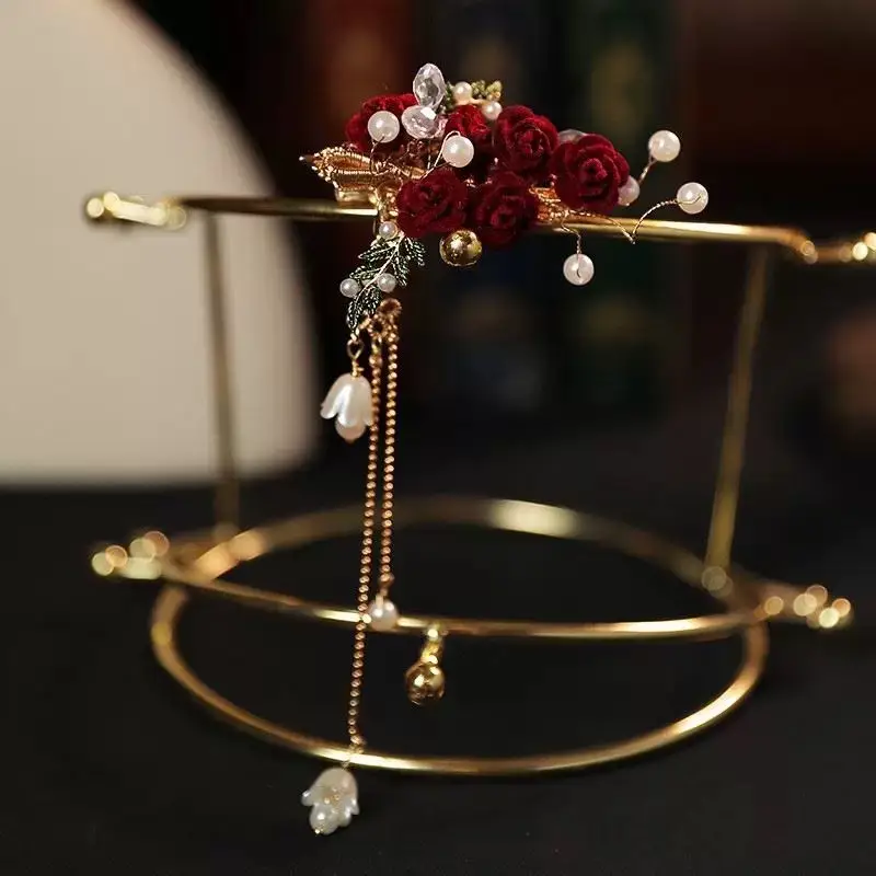 Red Rose Tassel Hairpin for Women Classical Cheongsam - Image 3