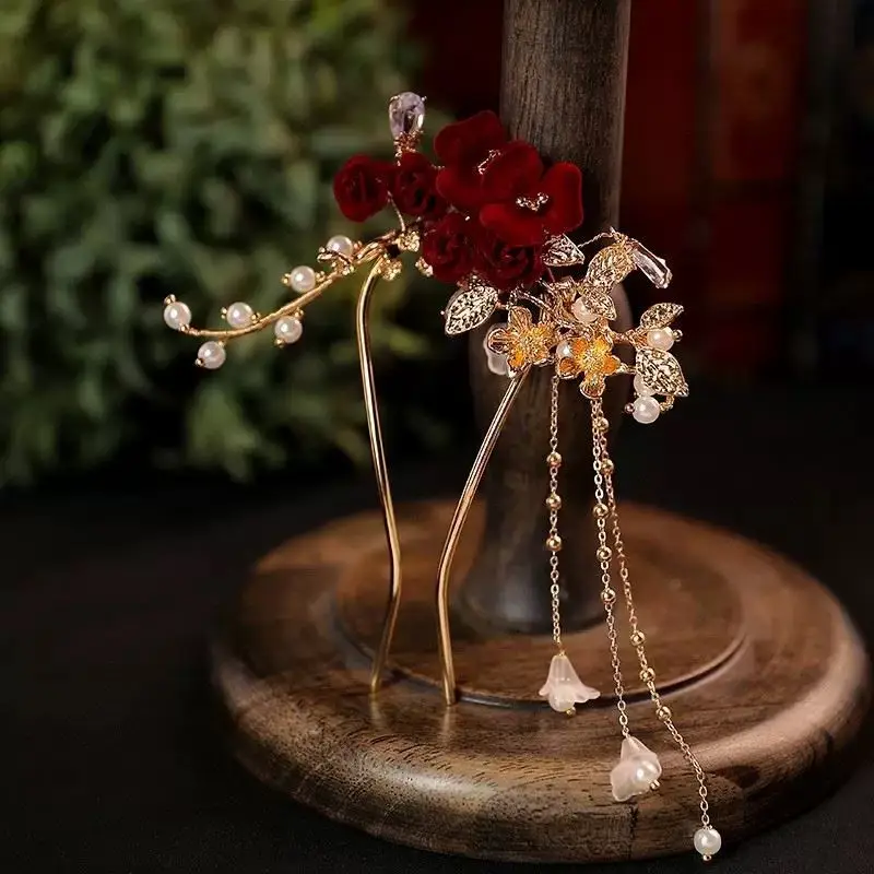 Red Rose Tassel Hairpin for Women Classical Cheongsam - Image 4