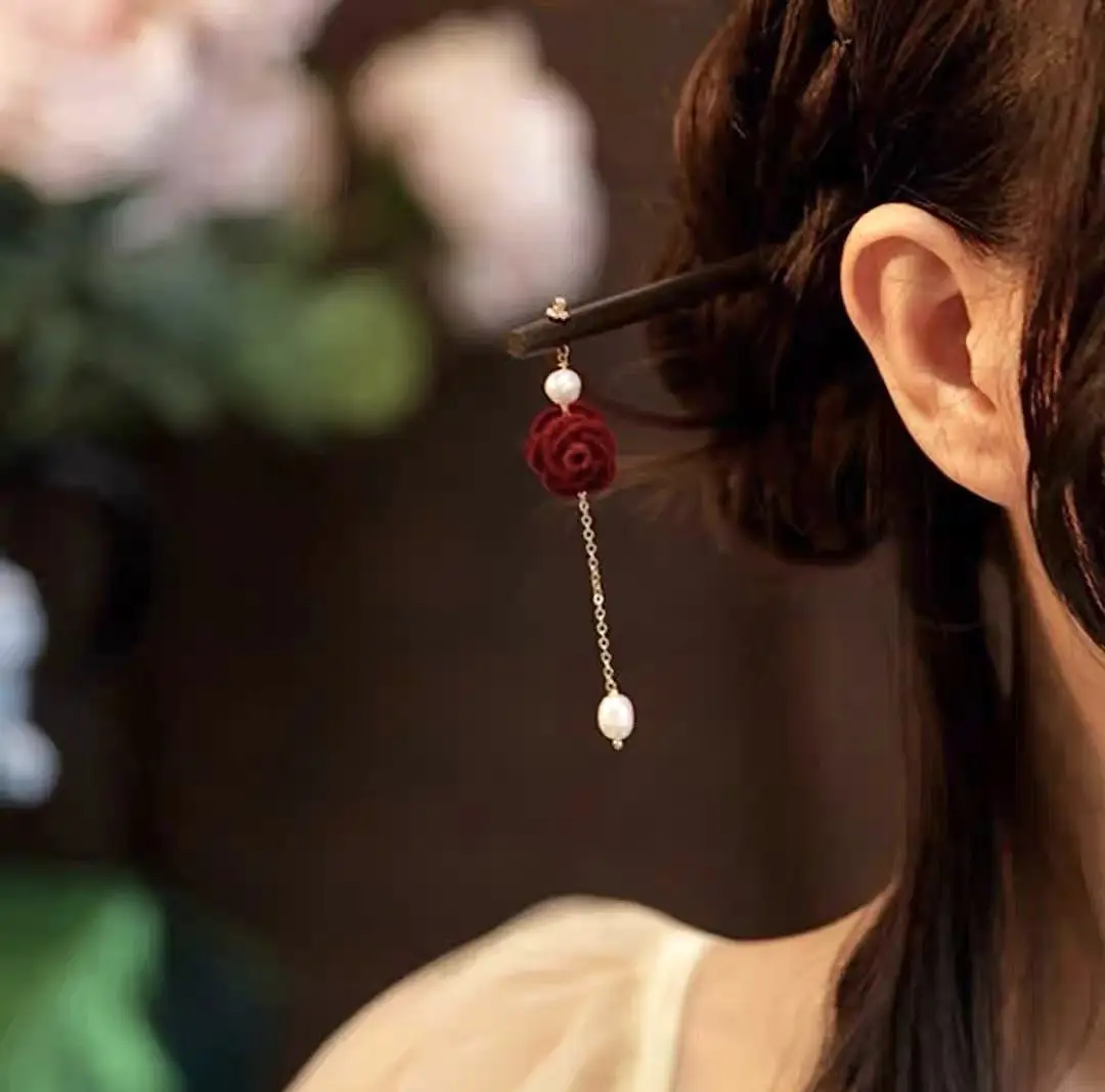 Red Rose Tassel Hairpin for Women Classical Cheongsam - Image 7