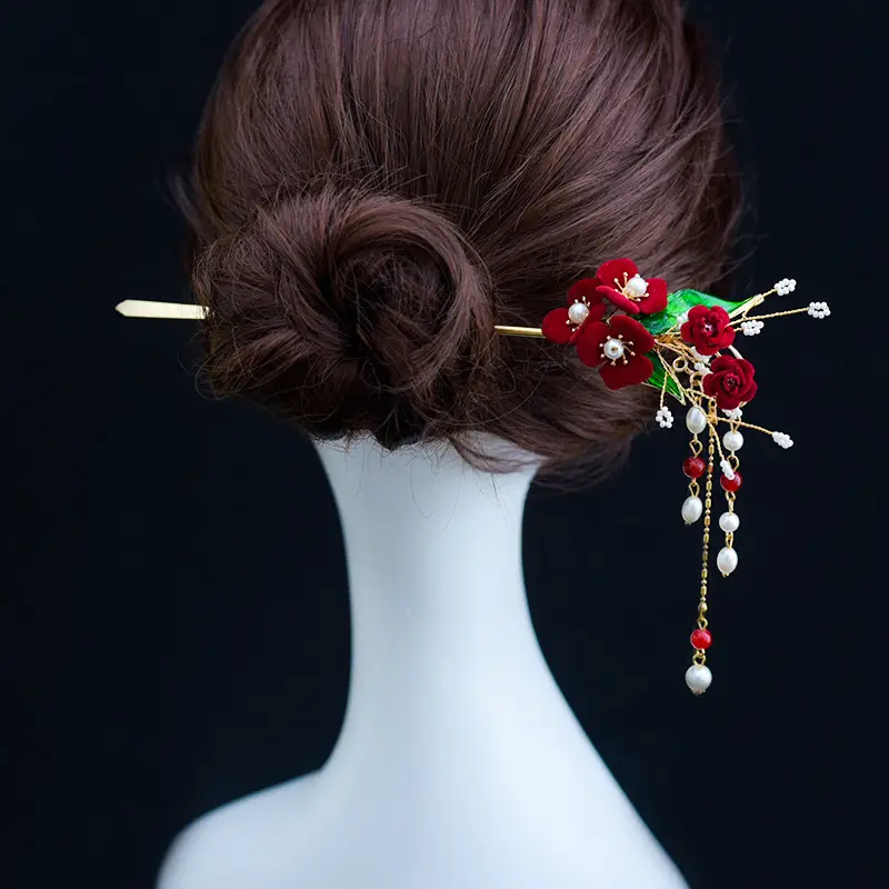 Red Rose Tassel Hairpin for Women Classical Cheongsam - Image 9