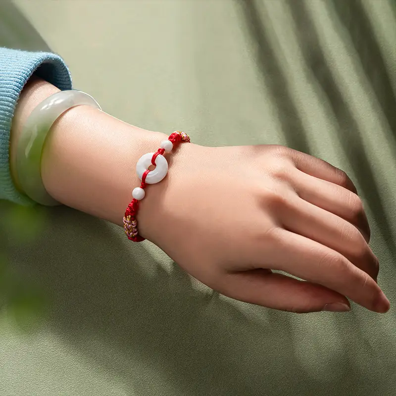 Peach Blossom Jade Ring Handwoven Bracelet Adjustable Women - Image 11