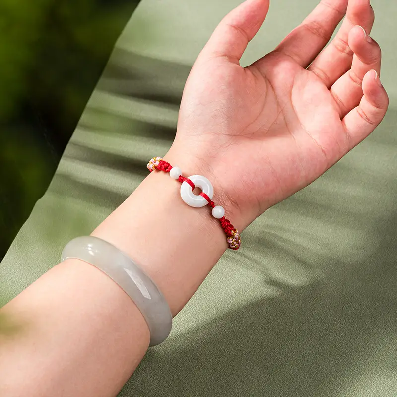 Peach Blossom Jade Ring Handwoven Bracelet Adjustable Women - Image 12