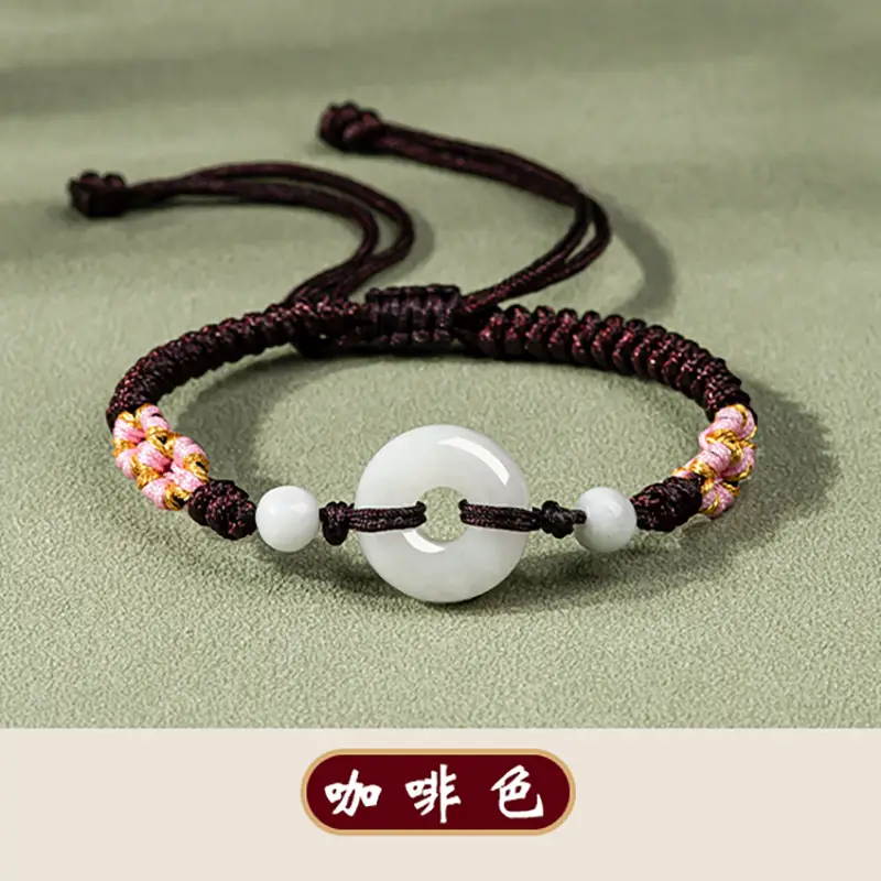 Peach Blossom Jade Ring Handwoven Bracelet Adjustable Women - Image 3