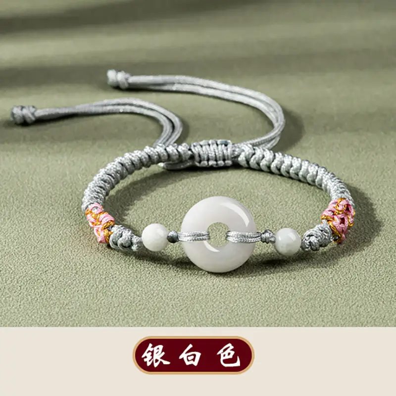 Peach Blossom Jade Ring Handwoven Bracelet Adjustable Women - Image 8