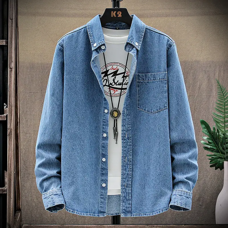 Men's Light Blue Denim Long Sleeve Shirt Casual Bottoming Youth Spring Fall Korean Style Slim Jacket