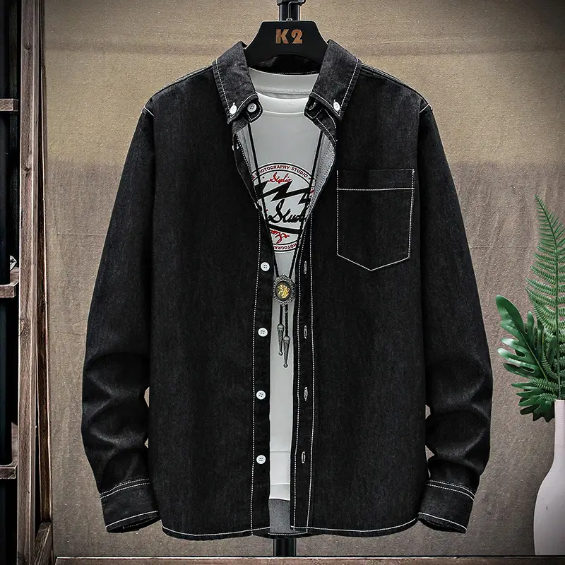 Men's Light Blue Denim Long Sleeve Shirt Casual Bottoming Youth Spring Fall Korean Style Slim Jacket
