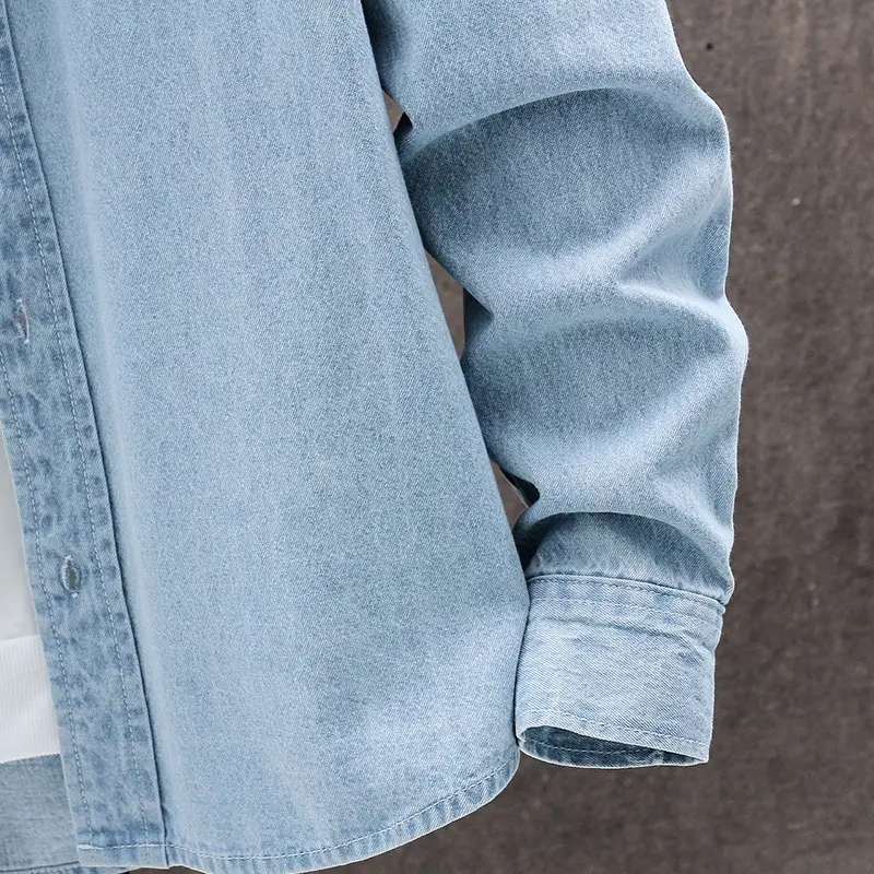 Men's Light Blue Denim Long Sleeve Shirt Casual Bottoming Youth Spring Fall Korean Style Slim Jacket