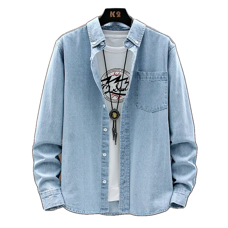 Men's Light Blue Denim Long Sleeve Shirt Casual Bottoming Youth Spring Fall Korean Style Slim Jacket