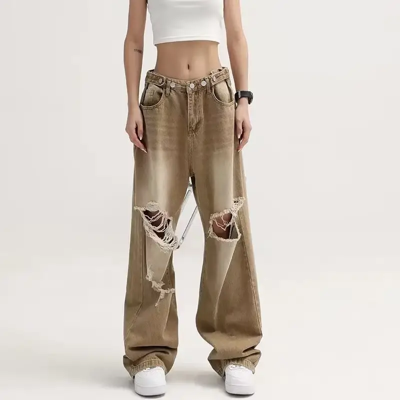 Plus Size Distressed Jeans Women High Street Wide Leg Pants - Image 3