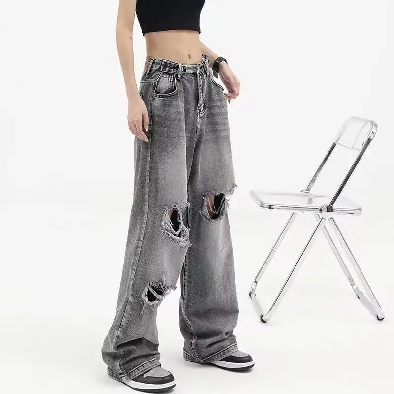 Plus Size Distressed Jeans Women High Street Wide Leg Pants - Image 4