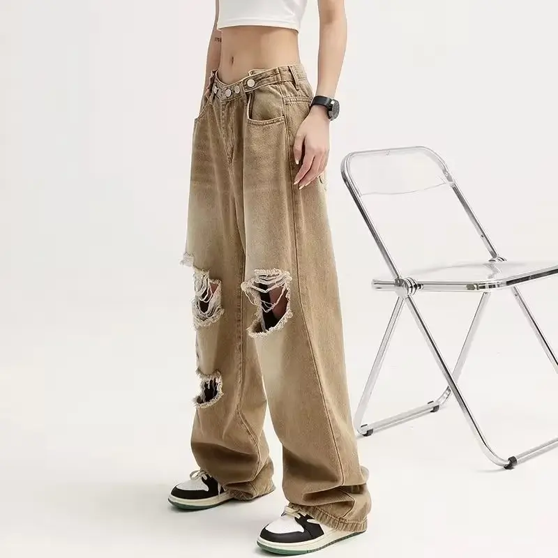 Plus Size Distressed Jeans Women High Street Wide Leg Pants - Image 5