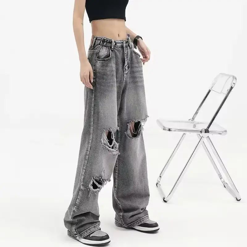 Plus Size Distressed Jeans Women High Street Wide Leg Pants - Image 6