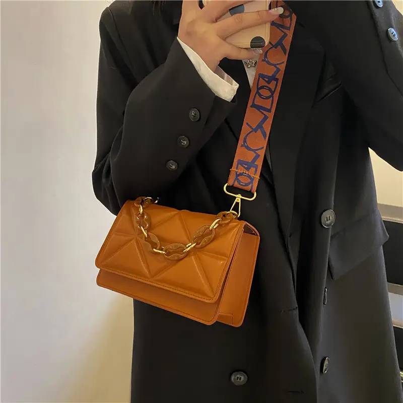 Women's Tan Crossbody Bag with Orange Strap - Image 6