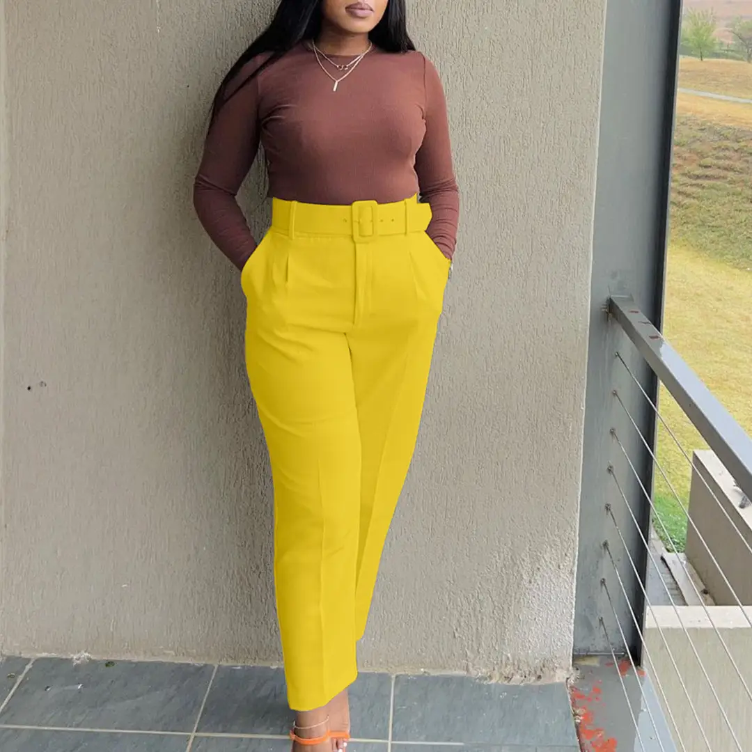 High Waist Yellow Skinny Pants with Brown Top