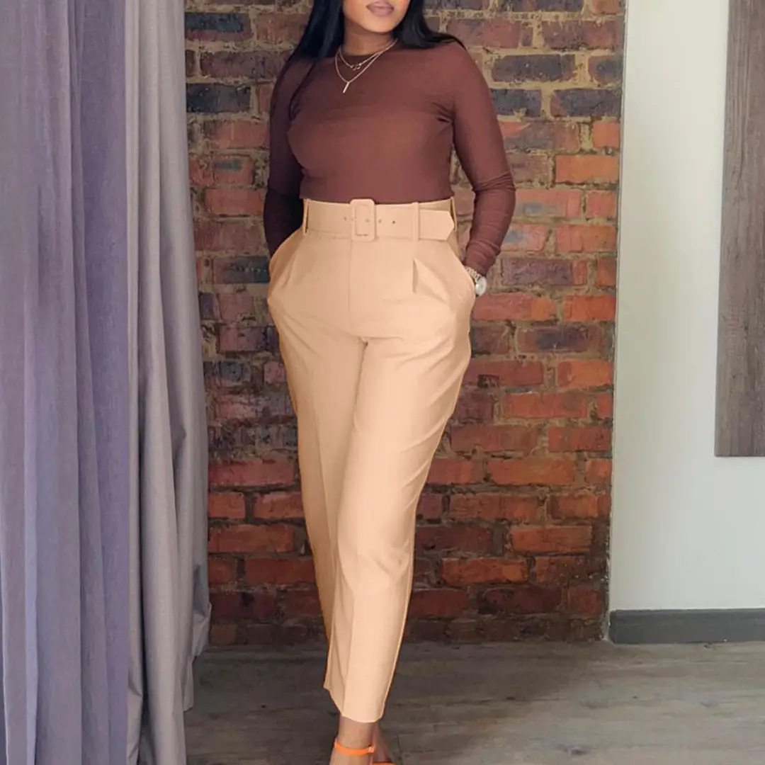 High Waist Yellow Skinny Pants with Brown Top