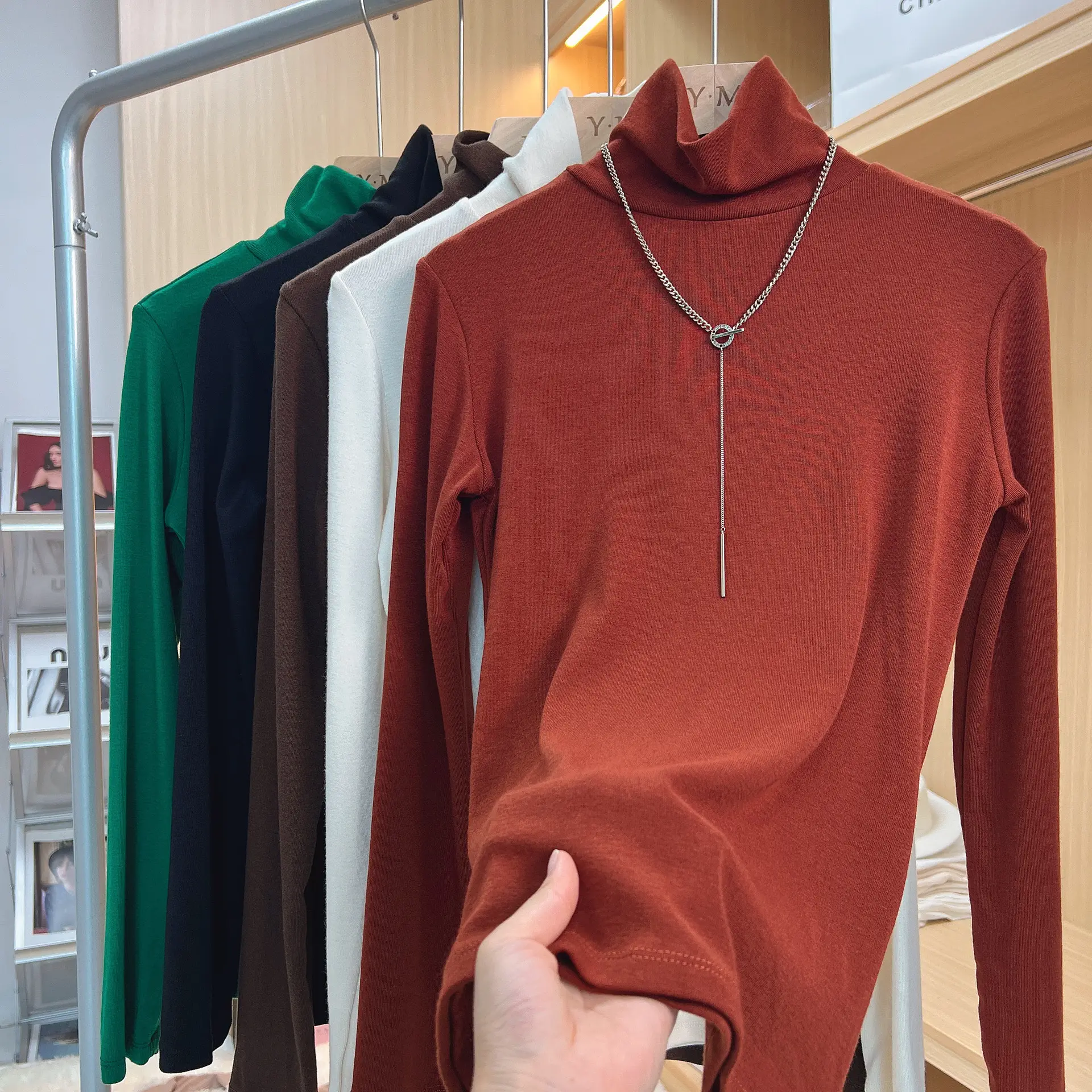 Women's Thickened High Collar Cashmere Shirt Brown — feature 12
