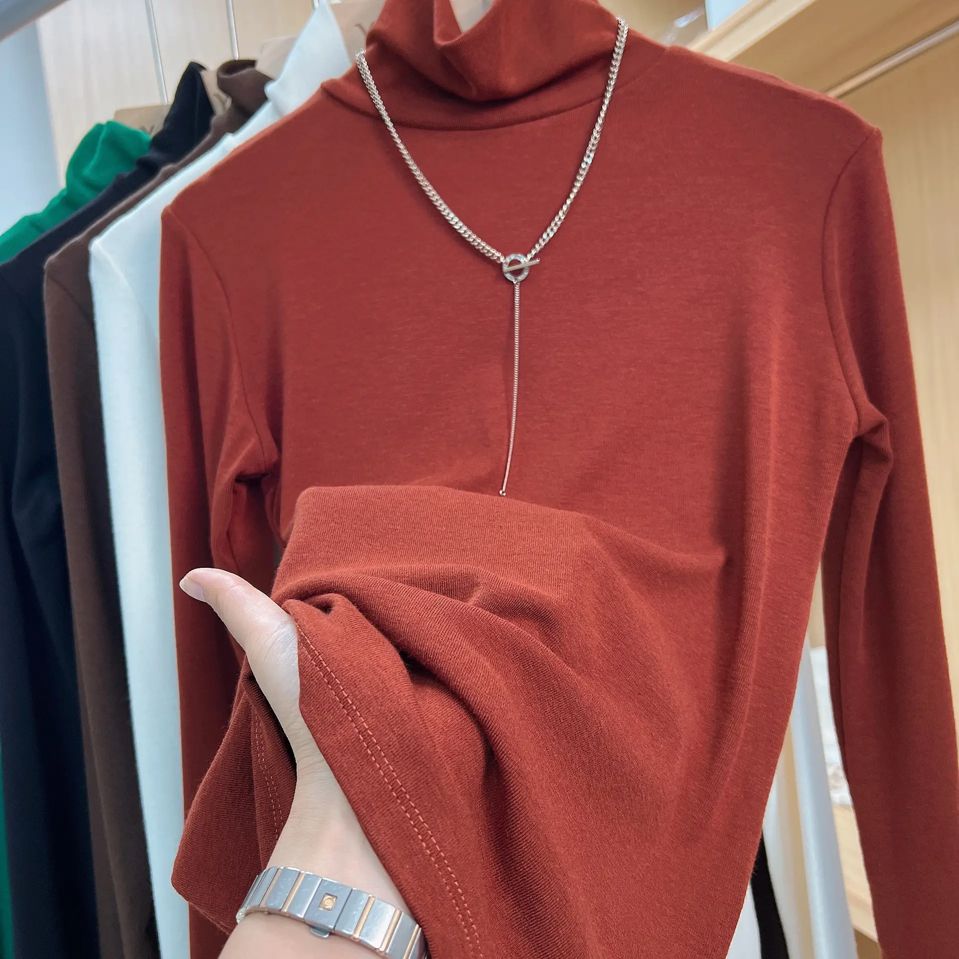 Women's Thickened High Collar Cashmere Shirt Brown — feature 14