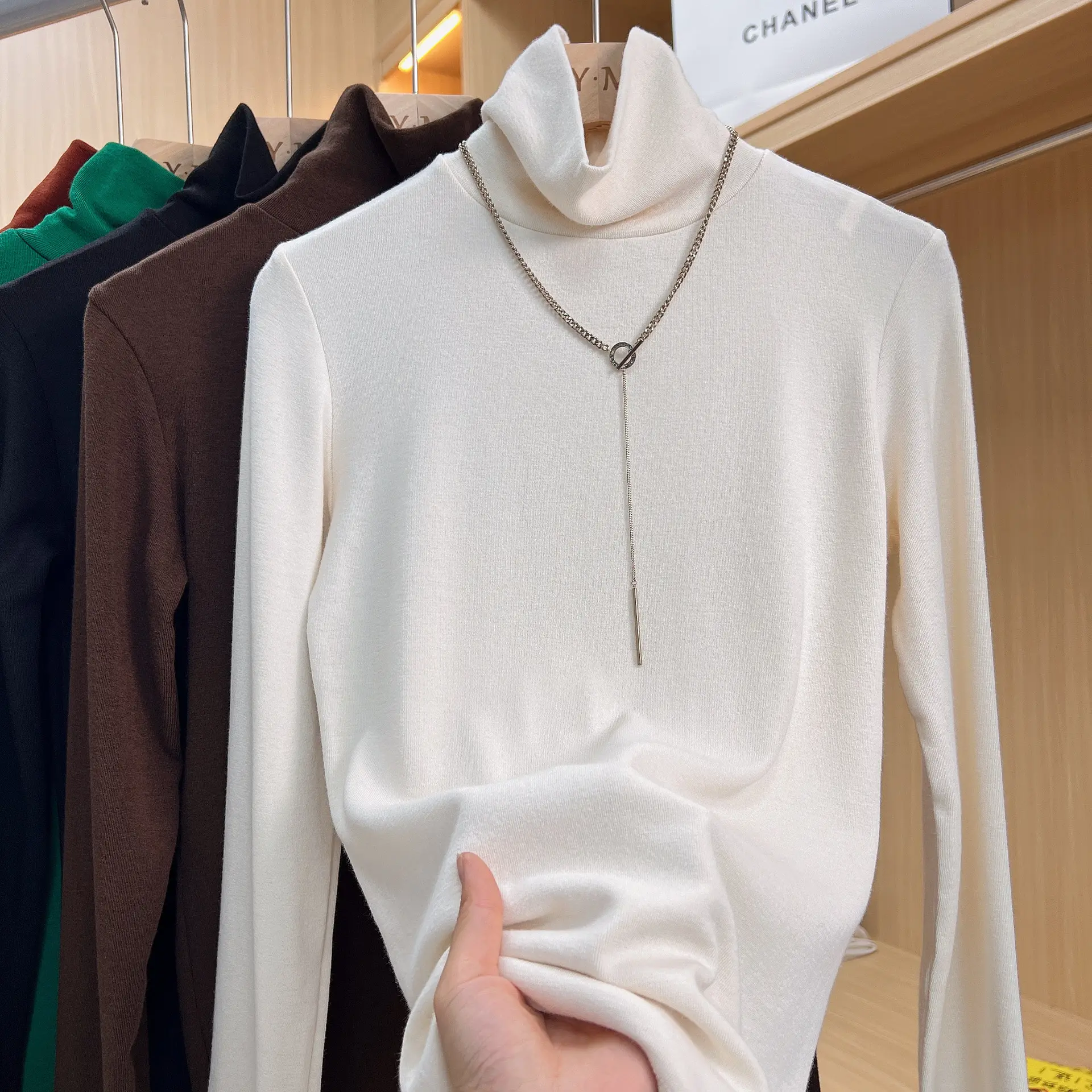 Women's Thickened High Collar Cashmere Shirt Brown — feature 17