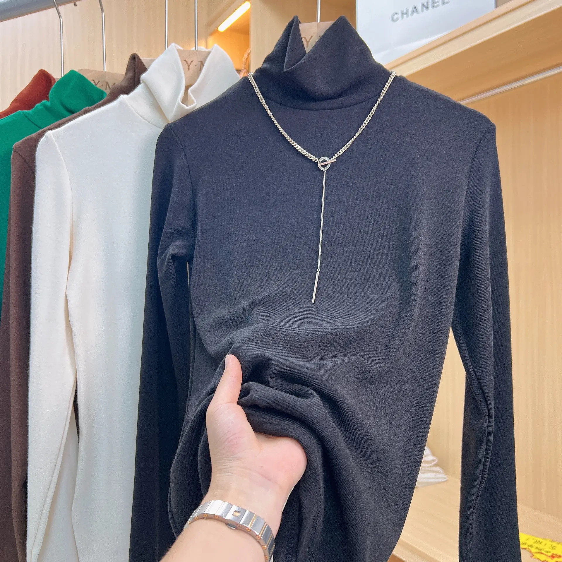 Women's Thickened High Collar Cashmere Shirt Brown — feature 18