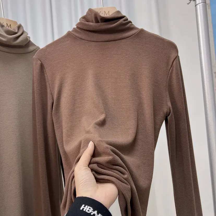 Women's Thickened High Collar Cashmere Shirt Brown — feature 20