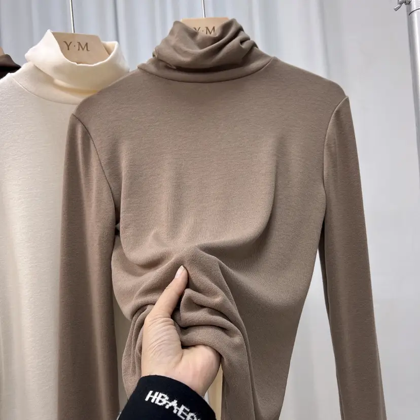 Women's Thickened High Collar Cashmere Shirt Brown — feature 21