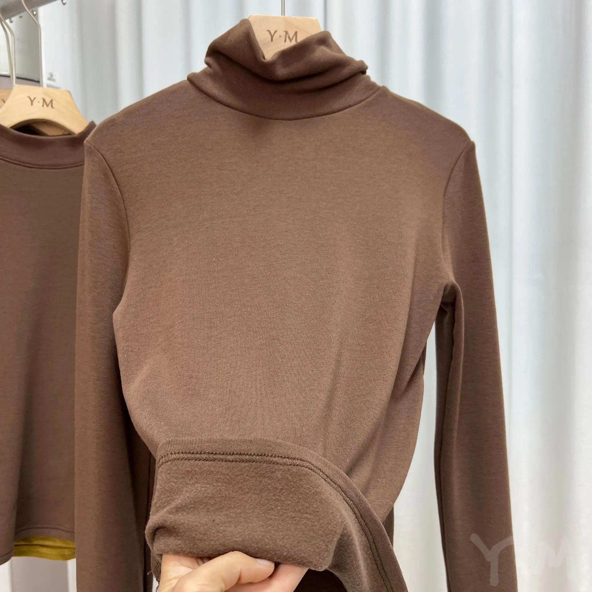 Women's Thickened High Collar Cashmere Shirt Brown — feature 23