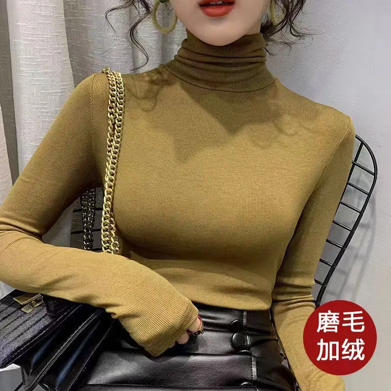 Women's Thickened High Collar Cashmere Shirt Brown - Image 14