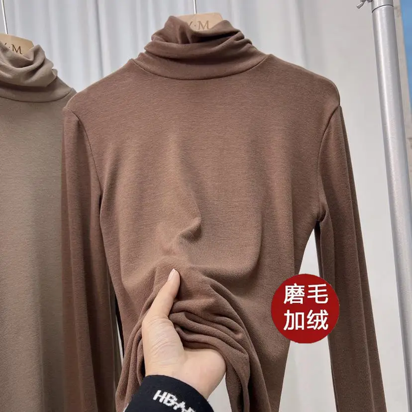 Women's Thickened High Collar Cashmere Shirt Brown - Image 15