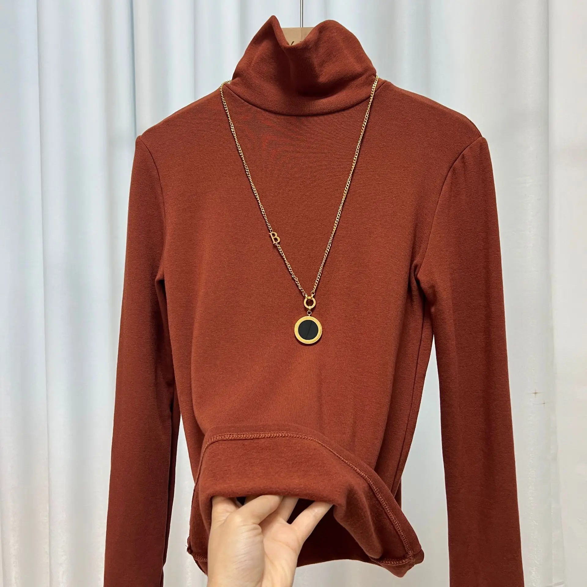 Women's Thickened High Collar Cashmere Shirt Brown - Image 16