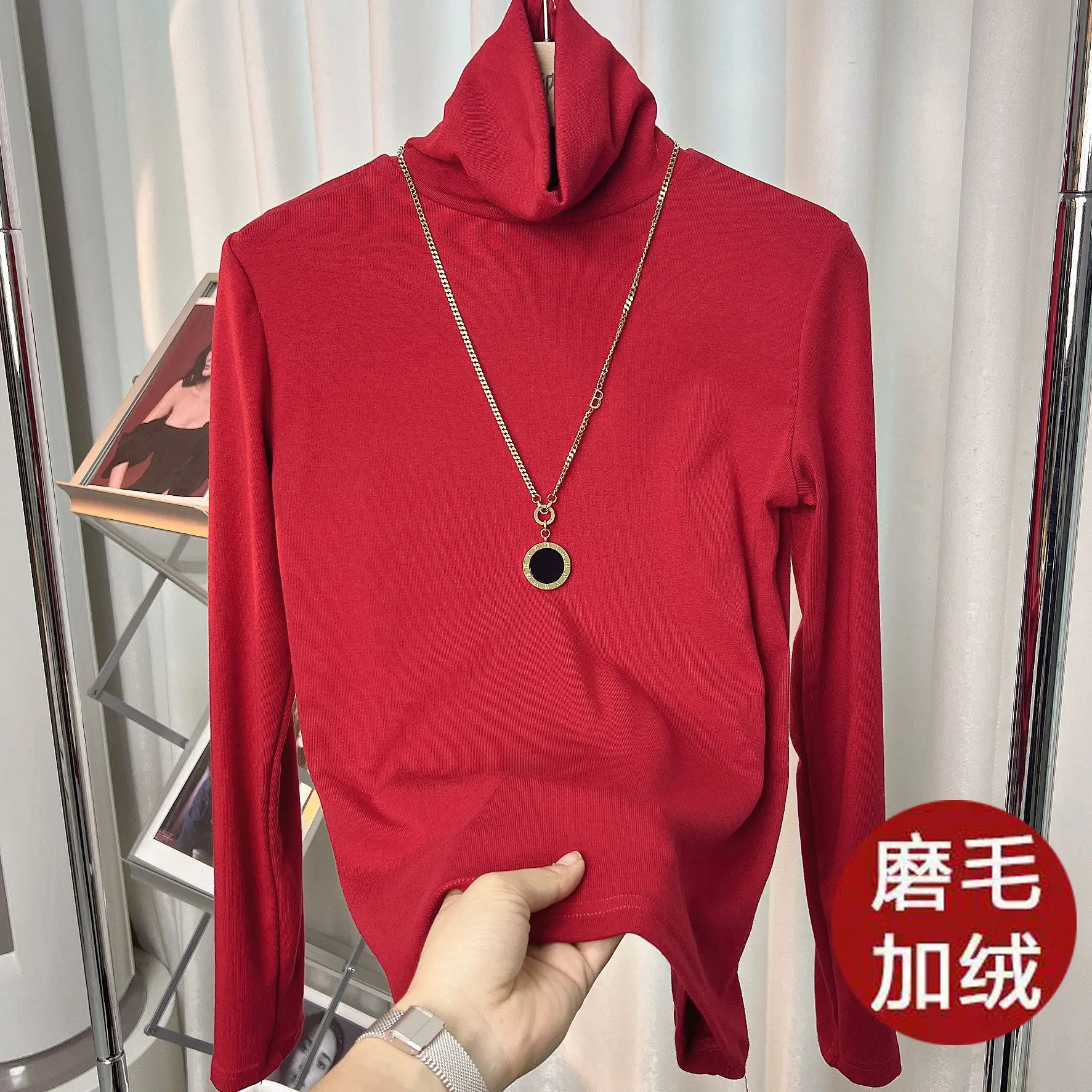 Women's Thickened High Collar Cashmere Shirt Brown - Image 19
