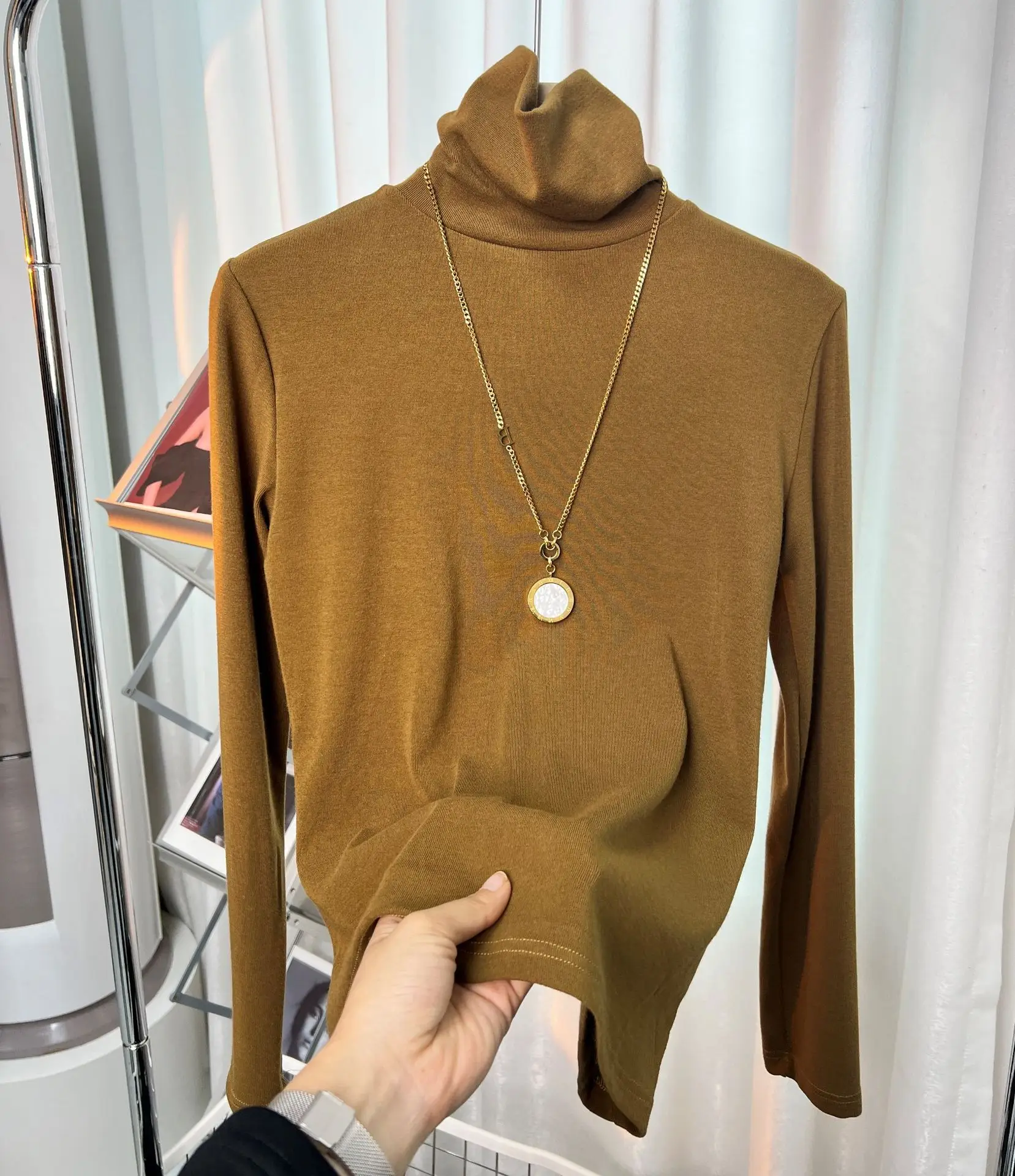 Women's Thickened High Collar Cashmere Shirt Brown - Image 2