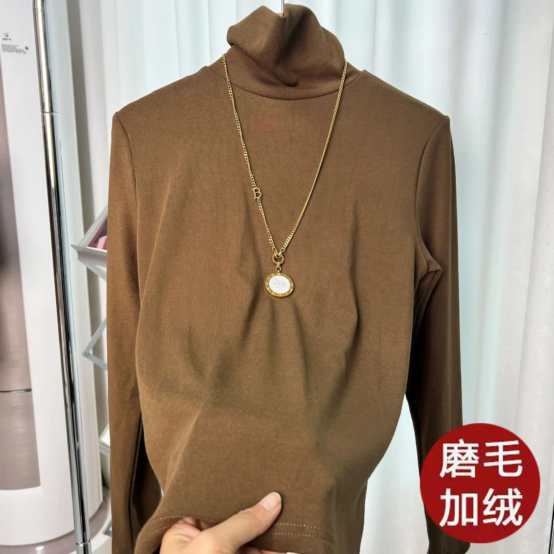 Women's Thickened High Collar Cashmere Shirt Brown - Image 20