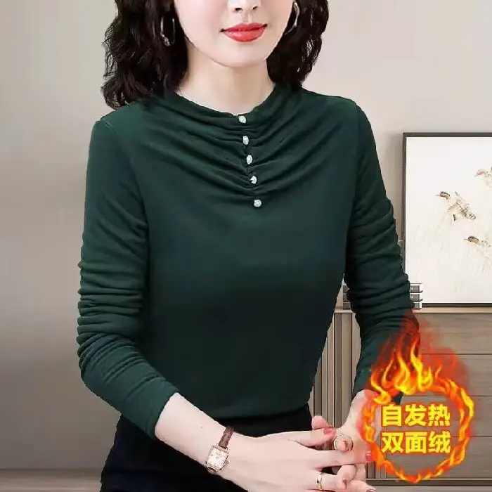 Double-Sided Velvet Shirt Women Brown Fleece Lined - Image 2