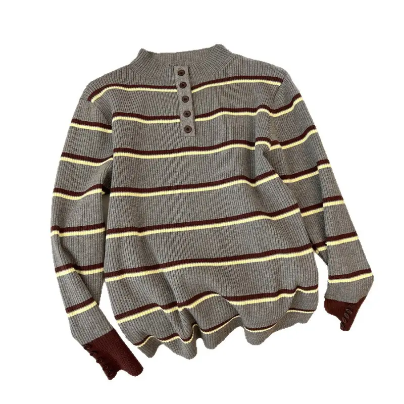 Elegant Striped Knit Shirt Brown Blue Yellow Middle Age - Image 5